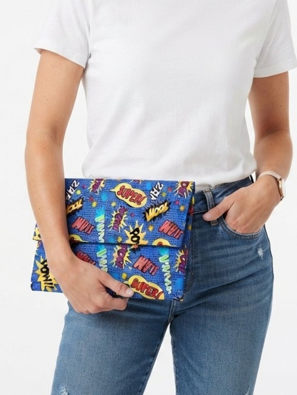 Handcrafted blue animated phrase cloth Clutch purse